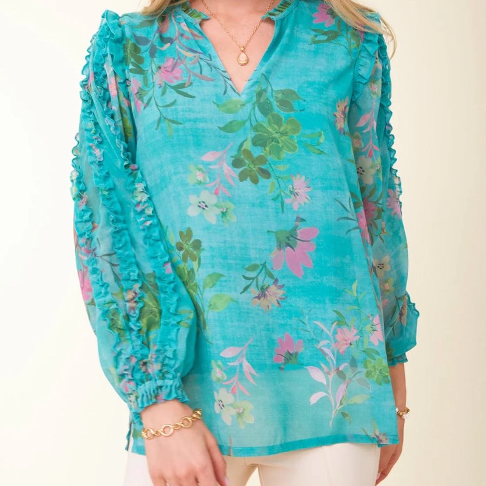 Spartina 449 Floral Teal Blouse with Ruffle Sleeves